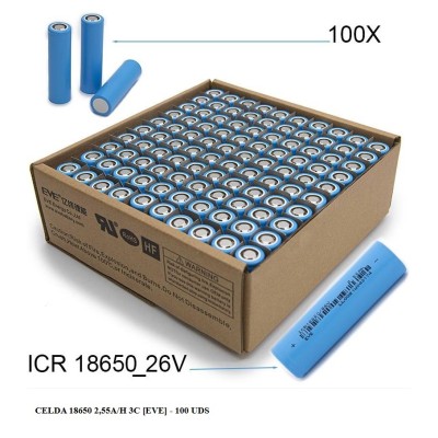 Celdas de batería 18650 2,55A/h 3C [EVE]  (100 uds)